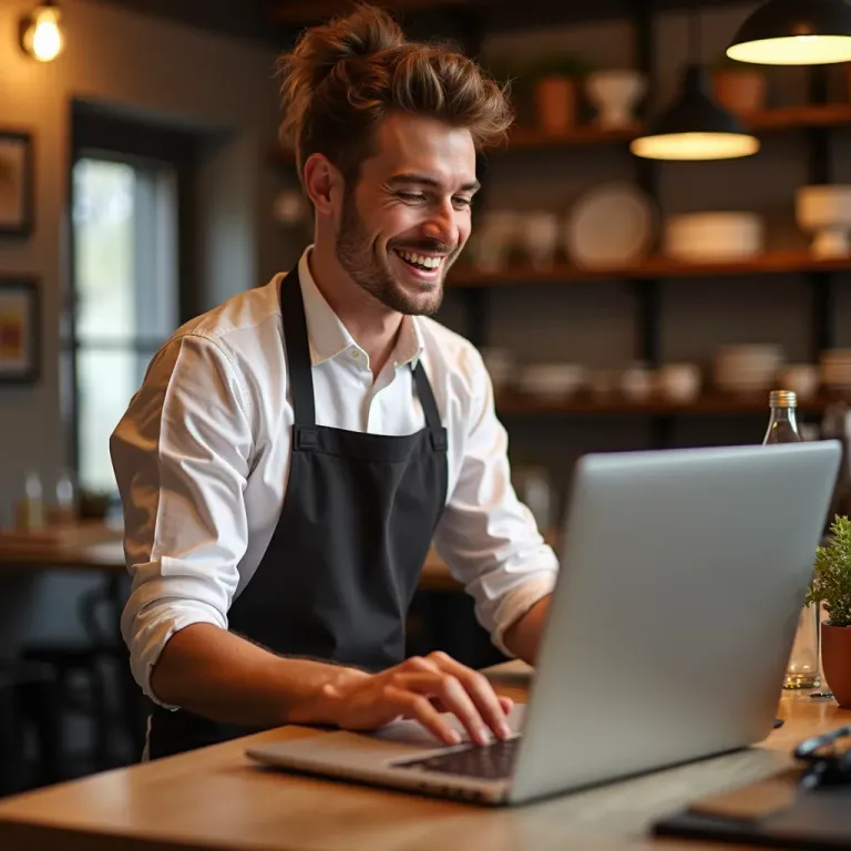 Lächelnder Mitarbeiter mit Schürze arbeitet in einem Restaurant am Laptop