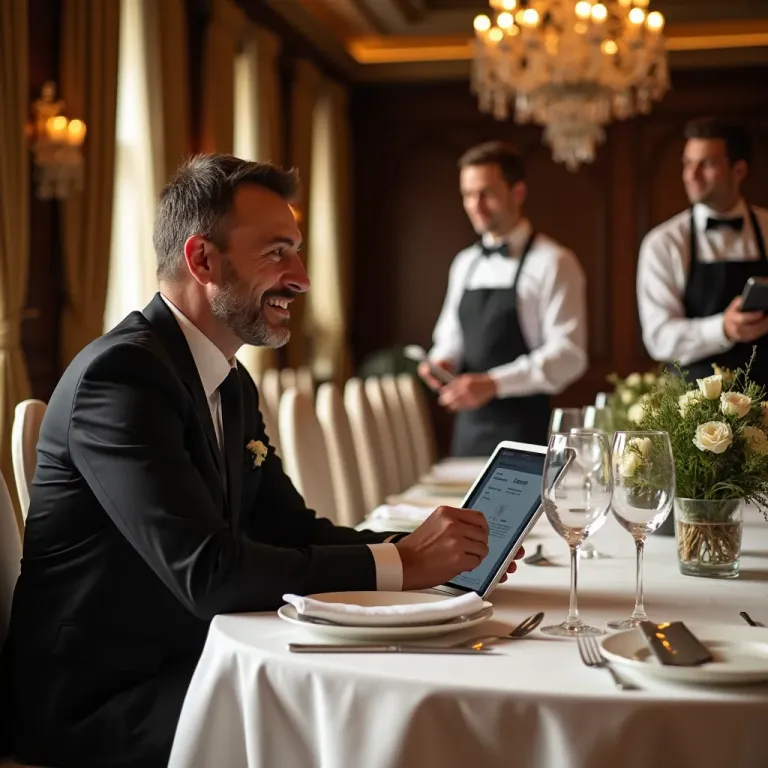 Gast im Anzug mit Tablet an einem eingedeckten Tisch, Servicepersonal im Hintergrund