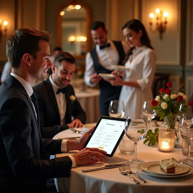 Zwei Gäste im Anzug sehen sich am festlich gedeckten Tisch ein Tablet an